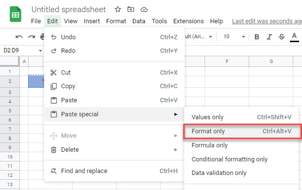 copy formatting gs paste special