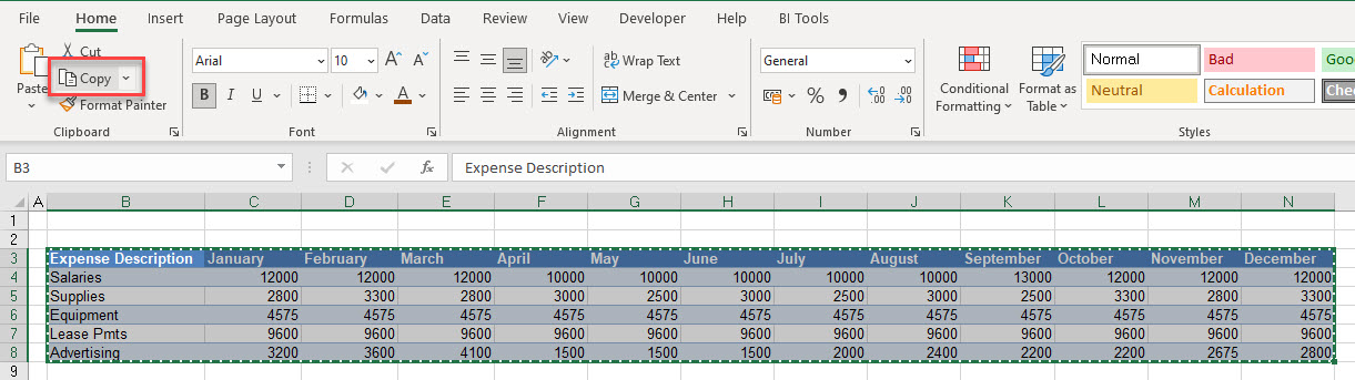 copy table excel copy