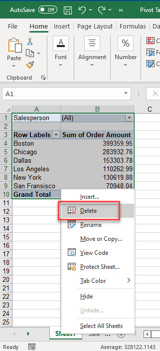 delete pivot sheet