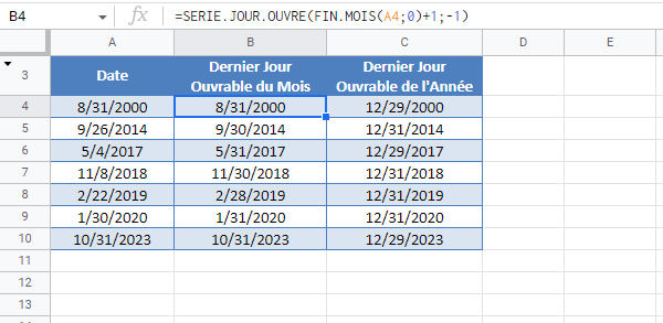 dernier jour ouvrable mois annee google sheets