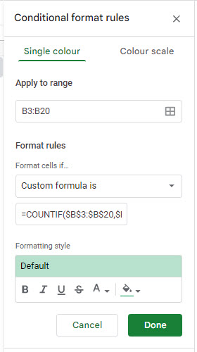 find duplicates gs conditional formatting