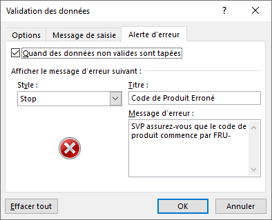 formules validation donnees personnalisees dialogue commence par alerte erreur