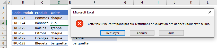 formules validation donnees personnalisees existe liste dialogue exemple erreur