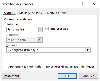 formules validation donnees personnalisees existe liste dialogue