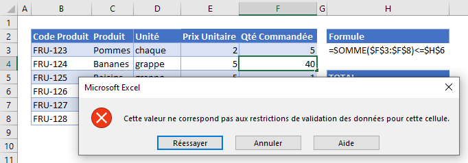 formules validation donnees personnalisees inferieur somme exemple erreur