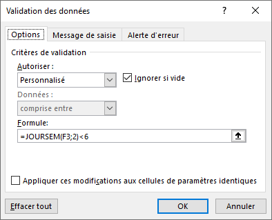 formules validation donnees personnalisees jours semaine dialogue