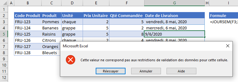 formules validation donnees personnalisees jours semaine exemple erreur