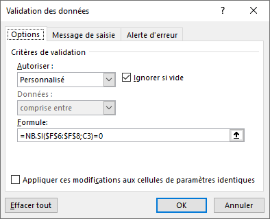 formules validation donnees personnalisees nexiste pas liste dialogue