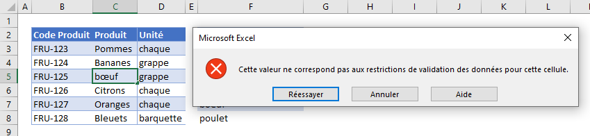 formules validation donnees personnalisees nexiste pas liste exemple erreur