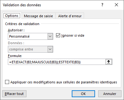 formules validation donnees personnalisees texte majuscules dialogue