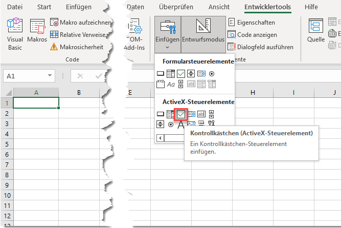 kontrollkaestchen in arbeitsblatt einfuegen