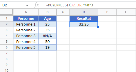 moyenne ingorer erreurs google sheets