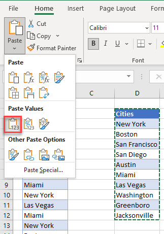 paste unique paste values