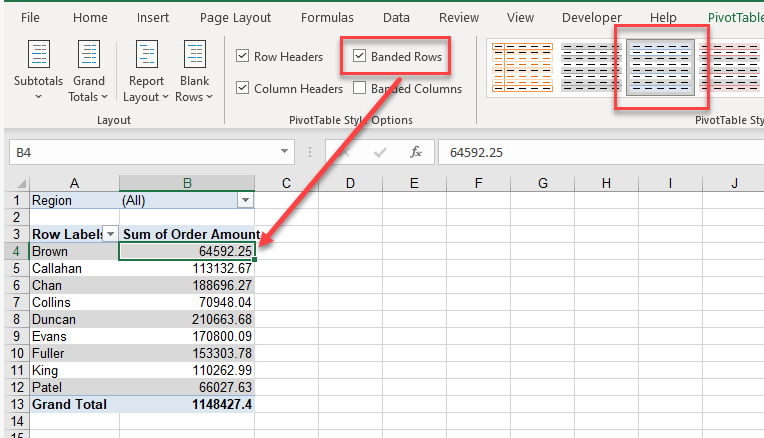 pivottable banded rows