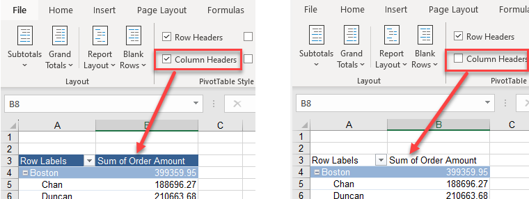 pivottable column headers