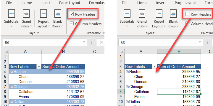 pivottable row headers