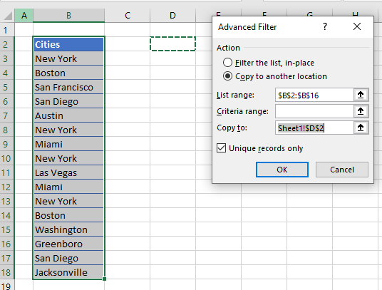 remove duplicates filter advanced