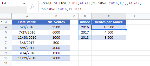 somme si annee google sheets
