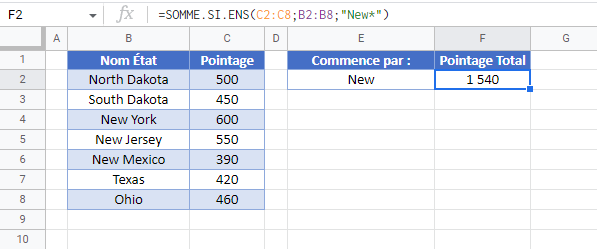 somme si cellule texte caracteres generiques google sheets