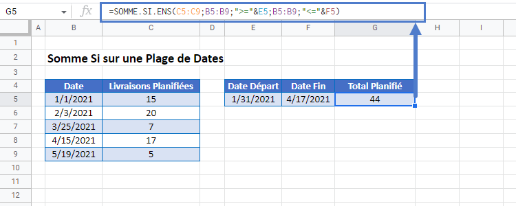 somme si plage date google sheets