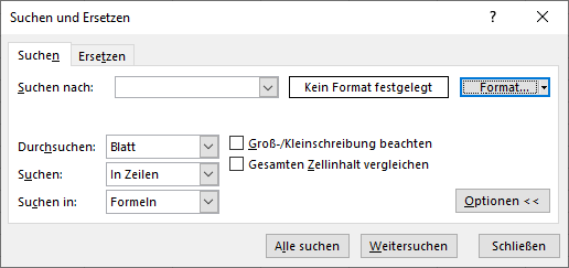 suchen ersetzen dialogfenster optionen