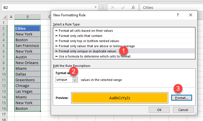 unique values create rule