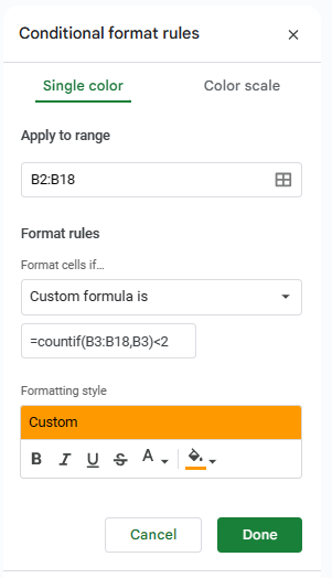 unique values gs conditional formatting