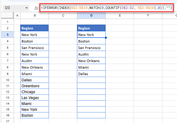 unique values gs formulas