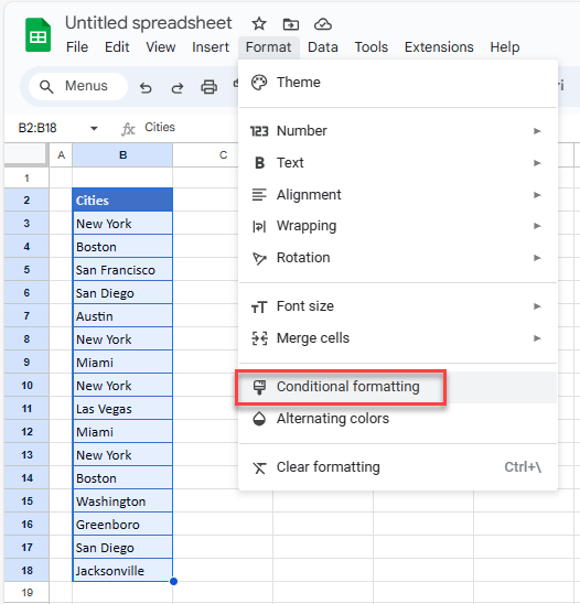 unique values gs menu conditional formatting