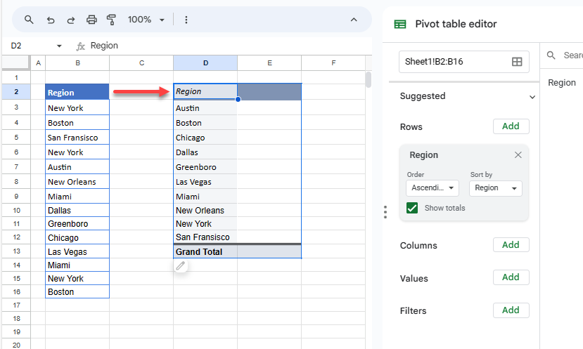 unique values gs pivot table