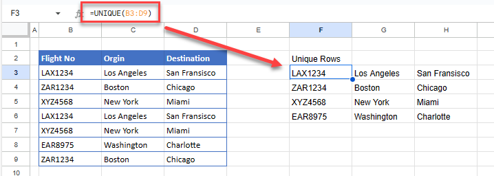 unique values gs rows