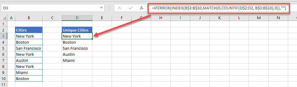 unique values index match formula