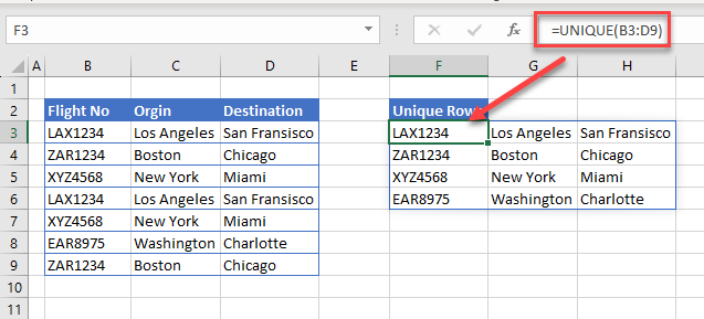 unique values multiple columns result