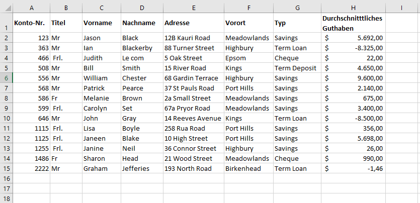 vba aktuelle region daten