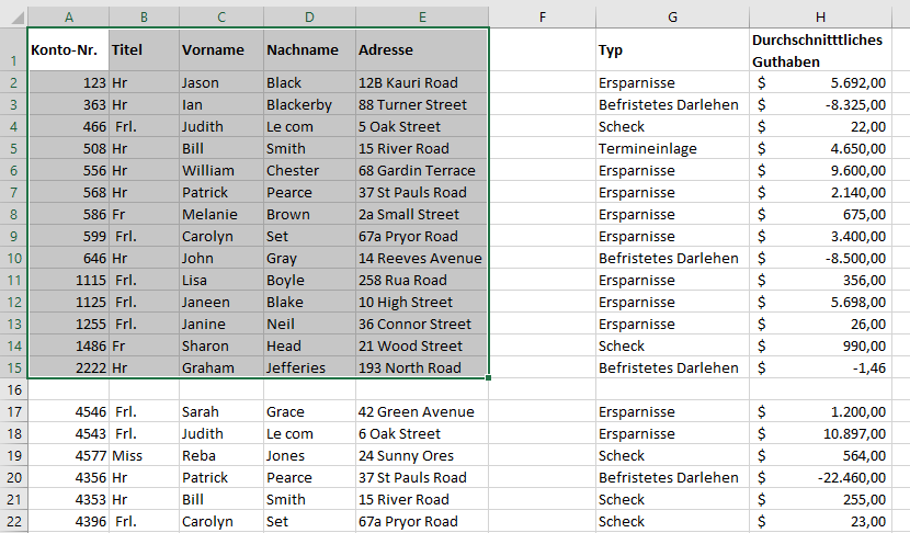 vba aktuelle region leere zellen