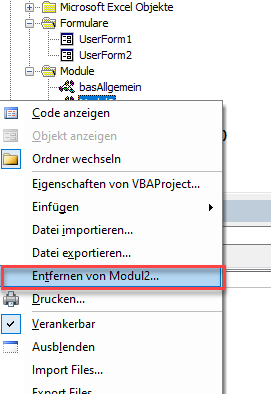 vba modul entfernen option1