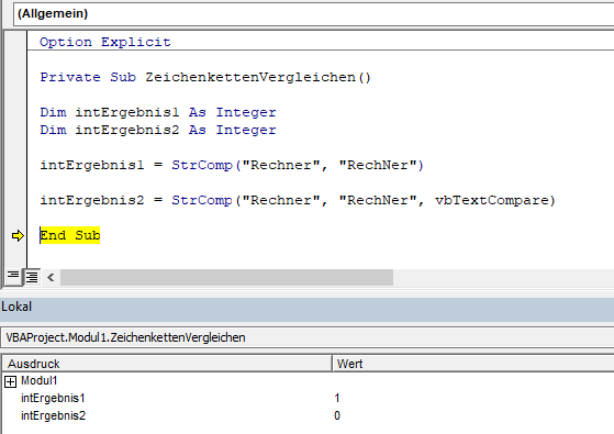 vba strComp methode binaer und textuell