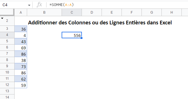 additionner lignes colonnes google sheets