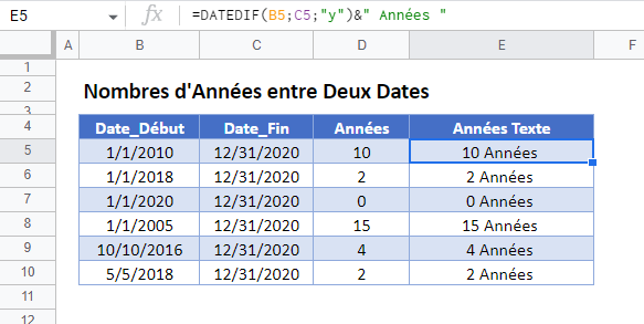 annees entre dates google sheets