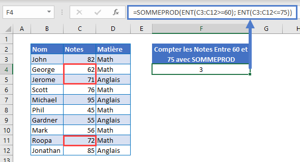 compter cellules entre deux nombres exemple fonction sommeprod