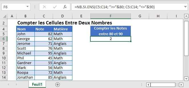 compter cellules entre deux nombres fonction principale