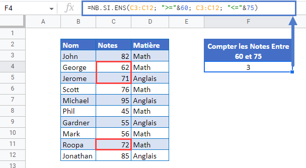 compter cellules entre deux nombres google sheets exemple 1