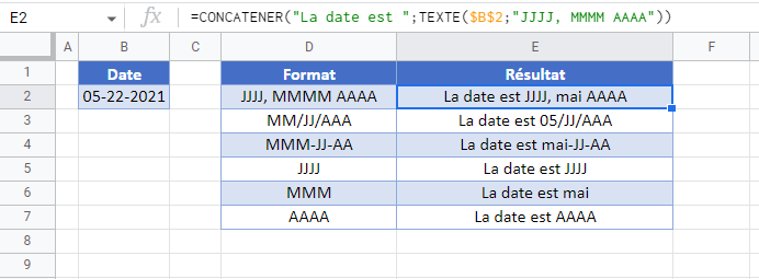 concatener dates google sheets