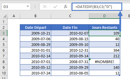 decompte jours restants soustraction fonction datedif