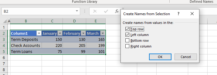 dynamic named range create from selection