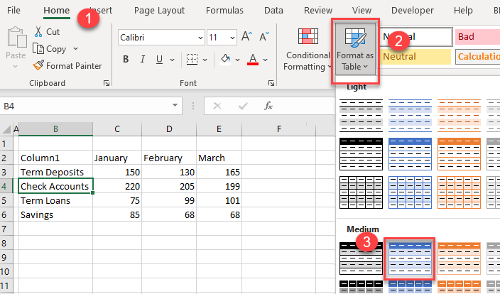 dynamic named range ribbon format as table