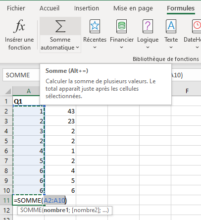 exemple fonction somme automatique plage