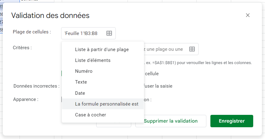 formules validation donnees personnalisees google sheets dialogue formule personnalisee