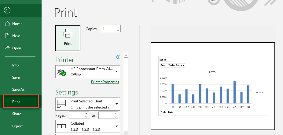 pivottable print chart