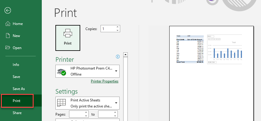 pivotchart print sheet